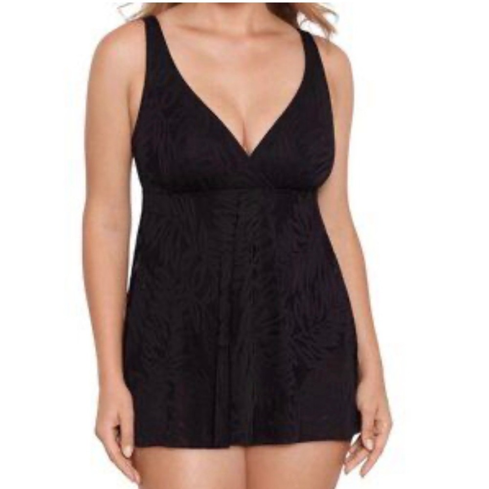 Swim Solutions Black Flyaway Swimdress Tropical Leaf One Piece Swimsuit 8